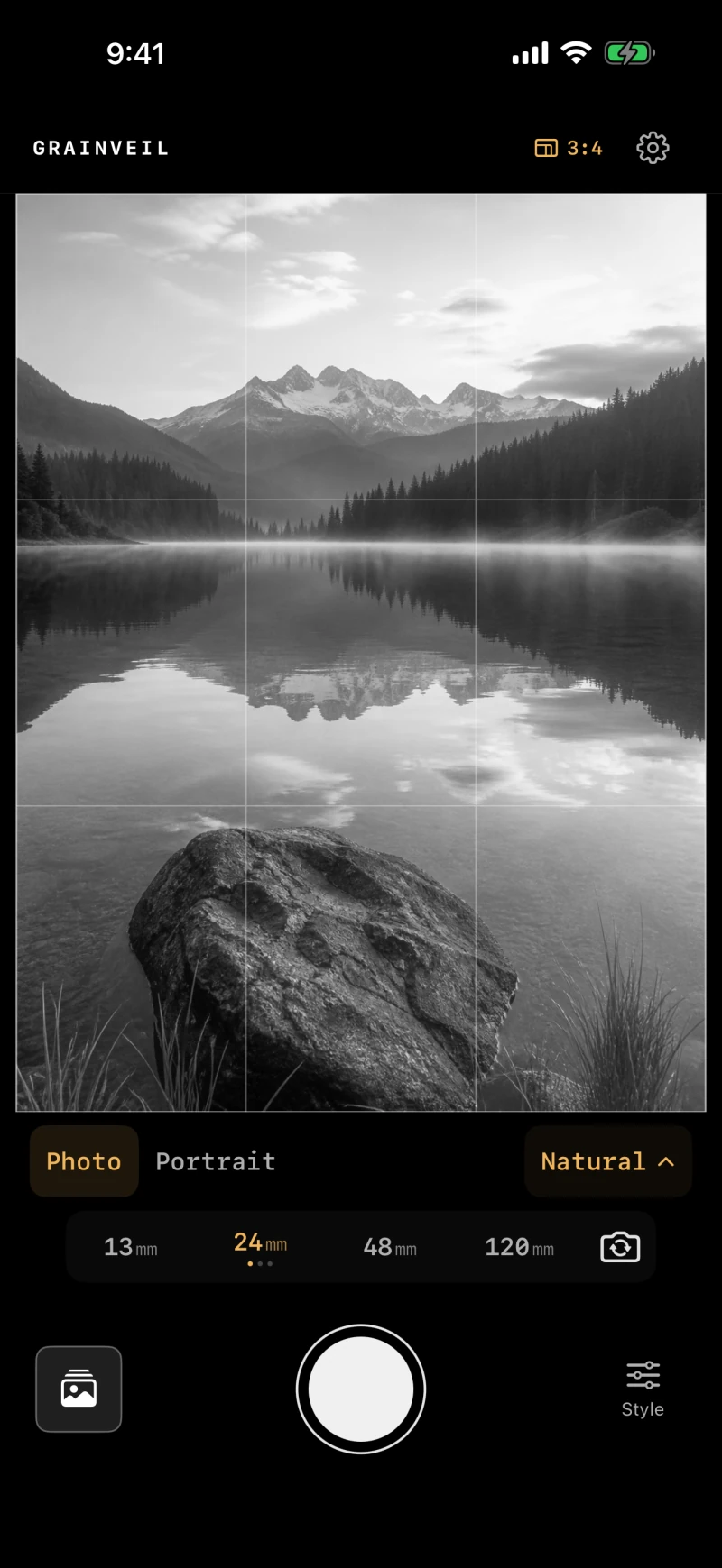 Grainveil’s monochrome camera viewfinder with Natural selected