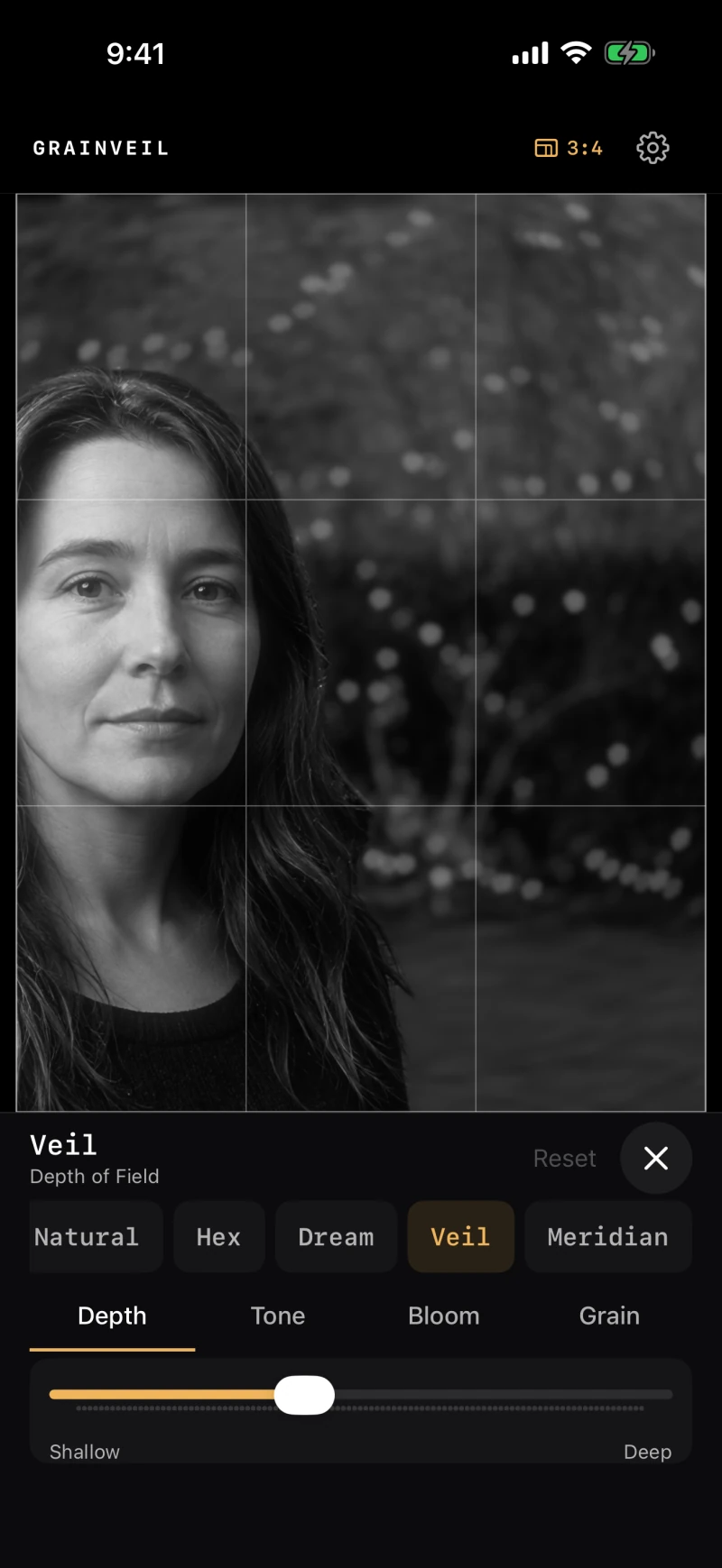 Veil’s Depth of Field control, with a slider from Shallow to Deep beneath a monochrome portrait
