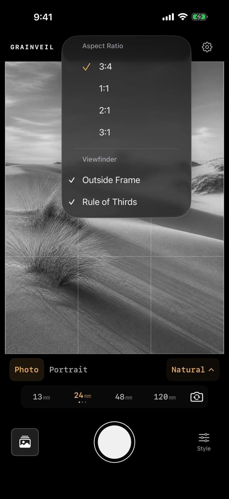 Grainveil’s framing controls over a monochrome landscape, with aspect ratios and an outside-frame preview