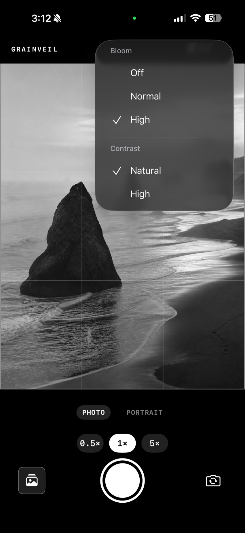 Grainveil camera viewfinder with a black-and-white beach and sea-stack photograph